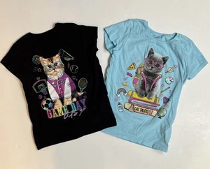 Set of 2 - Children's Place Girls Medium 7/8 Cat School T-Shirts - Picture 1 of 4