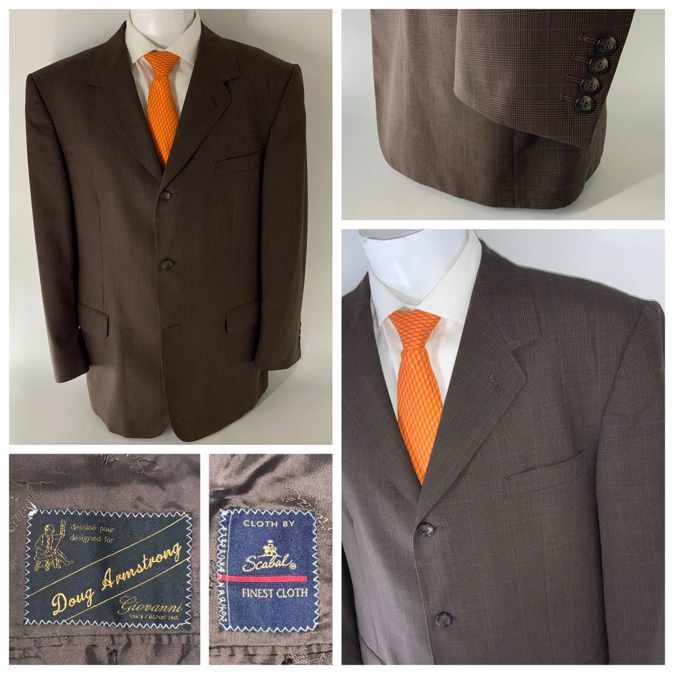 Chaqueta de Traje Giovanni 46L Marrón Azul Lana de Escala a Cuadros 3 Botones Sin Ventilación YGI U5-6 Foto 1 de 4