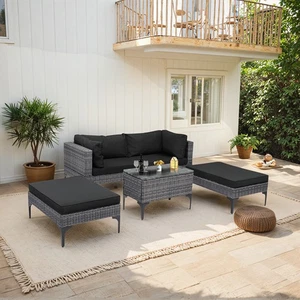 5 tlg. Rattan Gartenmöbel-Set, Sitzgruppe mit Kissen für Garten, Terrasse Grau - Bild 1 von 6