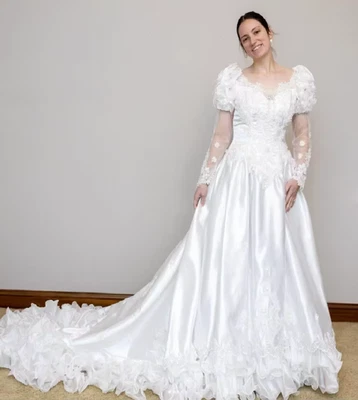 Historical 80s Celtic Wedding Dress With Long Sleeve Organza Ruffles Satin - Image 1 of 4
