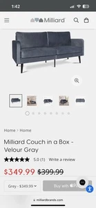 Millard Velour Gray- Couch In A Box - Picture 1 of 5