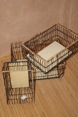 Drahtkorb mit Holzboden und Bastrand, rechteckig , in 3 Gr. erhältlich - Bild 1 von 2