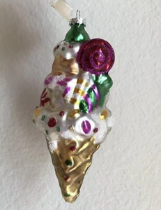 Ice Cream Sprinkle Sugar Cone Blown Glass Christmas Ornament 6” - Picture 1 of 7