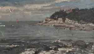 Antico dipinto olio paesaggio originale, vista mare, barche firmato - Foto 1 di 8