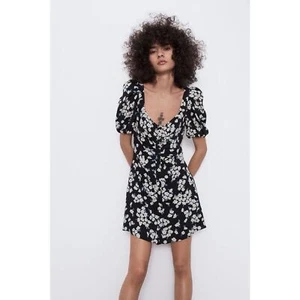 ZARA Ditsy Floral Print Button Up Puff Sleeve Black Mini Dress - Picture 1 of 13