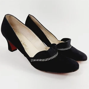 Vintage Frank More Black Block Heels Shoes Rhinestones Bling Womens Size 9.5 - Picture 1 of 10