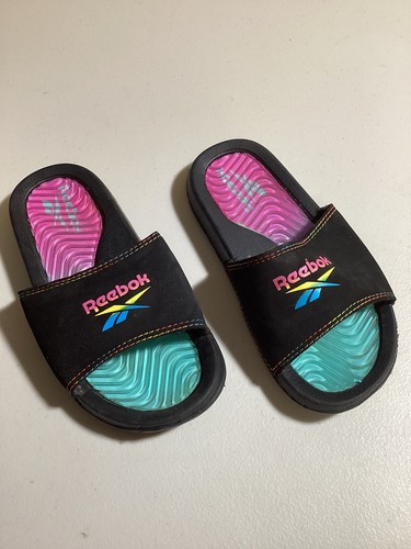 SANDALI SLIDE REEBOK BAMBINI RAGAZZE SUOLA COMFORT NERO ARCOBALENO TAGLIA 13 ANNI