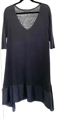 EILEEN FISHER Black Linen Silk Trim V-Neck 3/4 Sleeve Tunic Dress Top XL 18 14W - Image 1 of 4