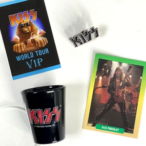 KISS 4 Vtg Item Lot Shot Glass Metal Pin Shade VIP Concert Pass Ace Trading Card - Picture 1 of 15