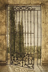 GARDEN GATE SCENE 42" 106CM BELGIAN TAPESTRY WALL HANGING, LINED, ROD SLEEVE - Picture 1 of 8