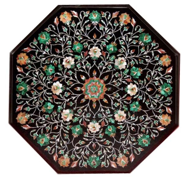 22" Black Marble Center / Dining Table Top Inlay Pietradura Work Decor - Image 1 of 1