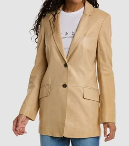 $995 Rag & Bone Women's Beige ICONS Charles Leather Blazer Coat Jacket Size 2 - Picture 1 of 3