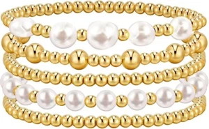 Gold Pearl Beaded Enewton Bracelets for Womengold Pearl Stackable Stretch Be - Picture 1 of 6