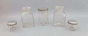 2 Square Glass Scent Bottles & 3 Silver Plated Jars for Ladies Dressing Box - Picture 1 of 12
