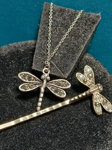 Vintage Libelle Anhänger Halskette Bobby Pin Konvolut Schmuck Strass silberfarben  - Bild 1 von 19