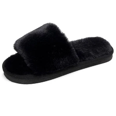Women's Fuzzy Fluffy Furry Fur Slippers Flip Flop Open Toe Cozy 9-10 Black - Image 1 of 4