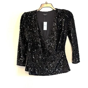 Ann Taylor Sequin Top MEDIUM PETITE Black V-Neck 3/4 Sleeve Party Faux Wrap NEW - Picture 1 of 7