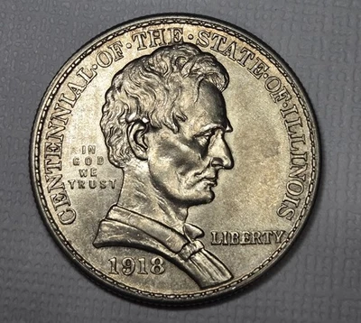 Medio dólar de plata conmemorativo del centenario de Lincoln-Illinois 1918 sin circular alta calidad Foto 1 de 2
