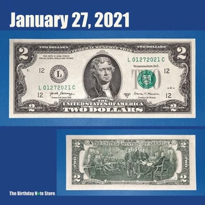 January 27, 2021 Birthday Anniversary $2 Two Dollar Bill Serial Number 01272021 - Picture 1 of 2
