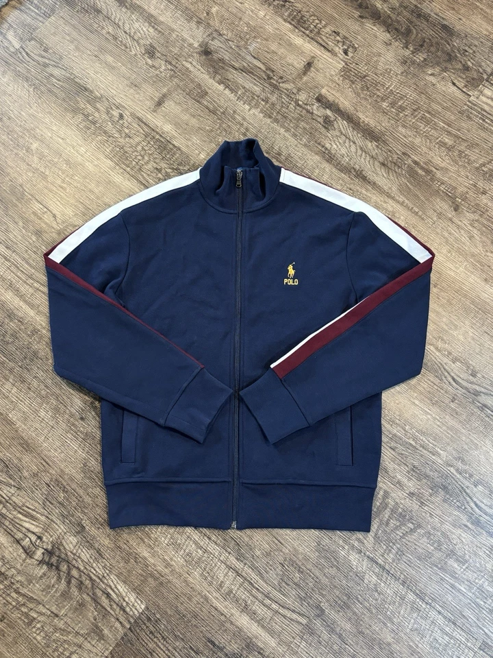 Chaqueta de Pista Polo Ralph Lauren Talla Pequeña Doble Punto Malla Azul Marino Rayas Foto 1 de 4