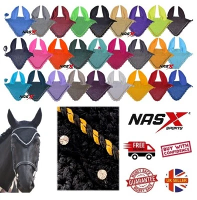 NASX SPORTS® Kristall Pferd Fliegenhaube Schleier Ohrhaube Fliegenschleier Baumwolle gehäkelt Handarbeit Glitzer