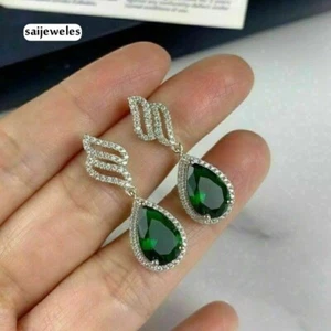 Pendientes de tachuelas esmeralda verde verde en forma de pera de 14 K creados en laboratorio para regalo - Imagen 1 de 6