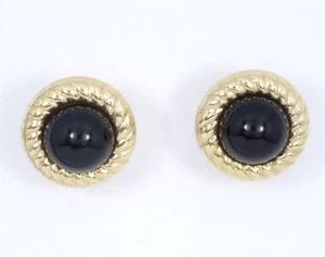 SOLID 14K GOLD w/ LARGE CABOCHON ONYX OMEGA BACK EARRINGS ~ 6 g * 16mm - Picture 1 of 11