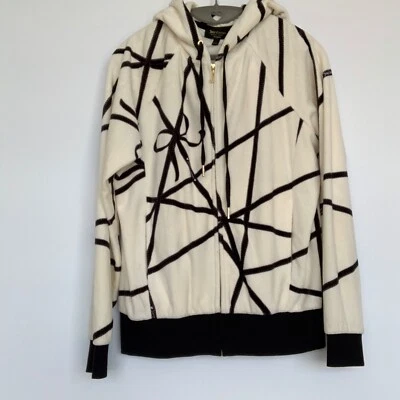 Juicy Couture Black Label Front Zip Terry Ivory Black Bow Cotton Blend Hoodie - Image 1 of 4