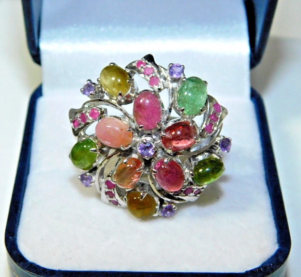 Grande Gruppo di Fiori Argento Sterling Ruby Tormalina Gatto Occhio Beige Anello - Immagine 1 di 4