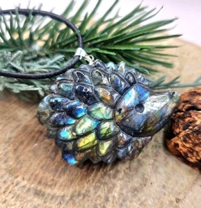 Nature Labradorite Carved Flashy Cute Hedgehog Pendant Necklace - Picture 1 of 10