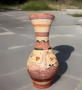 Vintage Tonala Vase with Pink Alpaca | Mexican Folk Art Pottery 10" Tall Vase - Picture 1 of 8