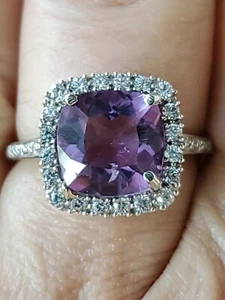 Amethyst Cushion Cut White Sapphire Labcreated &Diam Ring 10kt Solid White Gold  - Picture 1 of 12