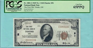 Toledo OHIO Charter 91 First National Bank Toledo $10 29-1 CU-65(PCGS) PPQ - Picture 1 of 4