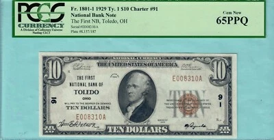 Toledo OHIO Charter 91 First National Bank Toledo $10 29-1 CU-65(PCGS) PPQ - Image 1 of 4