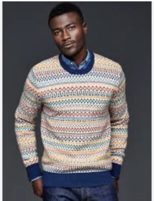Men GAP Fair Isle Stripe Pullover Sweater Large Lambs Wool Blend - Image 1 of 4