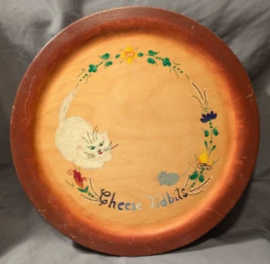 Wood Plate Cat and Mouse "Cheese Tidbits" Rosemaling Flowers 12 In Handpainted - Picture 1 of 6