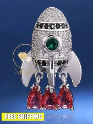 Broche Pin Epic Rocket 3CT Pera Rubí Simulado/CIRC 14K Oro Blanco Sobre Plata Real Foto 1 de 4