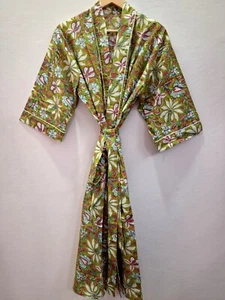 Handgefertigter Damen Kimono Morgenmantel grün rosa Blumen Blockdruck Brautjungfer Morgenmantel Kleid - Bild 1 von 6