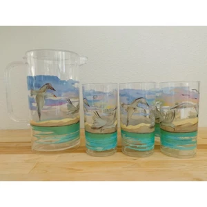 Vintage Seagulls Beach Scene Water Pitcher with 6 Tumbler Glasses Plastic Signed - Picture 1 of 9