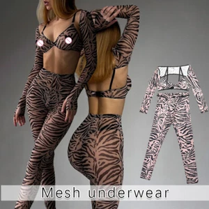 Set slip reggiseno modellante corpo vestito aderente lingerie trasparenti a rete stampa zebrata - Foto 1 di 22