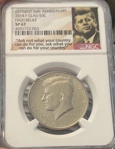2014 D NGC SP67  CLAD KENNEDY 50C HIGH RELIEF 50TH ANNIVERSARY - Picture 1 of 4