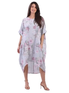 Italian Lagenlook Floral Dress Linen oversized Hi Low Design One Size Plus 18-26 - Picture 1 of 12