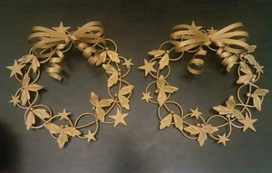 2 Vtg Dresden? Gold Color Metal Hanging Wreaths Ribbons Holly Berries Stars 10" - Picture 1 of 10
