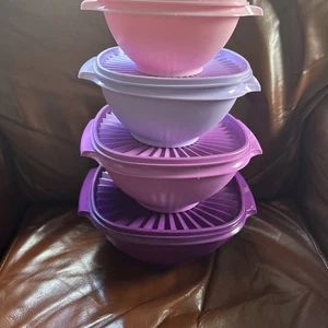 Tupperware Servalier Bowls Set of 4 One Touch Seals Pink & Purple NWOT - Picture 1 of 6