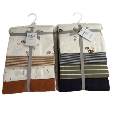2 sets Carter’s Baby Receiving Blankets 4pk ea Cotton Boys blue & brown Safari  - Image 1 of 4