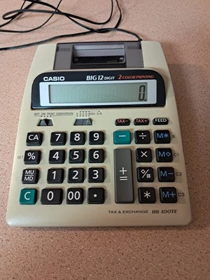 Casio HR-100TE Big 12-Digit 2-Color Printing Tax & Exchange Calculator Tested - Image 1 of 4
