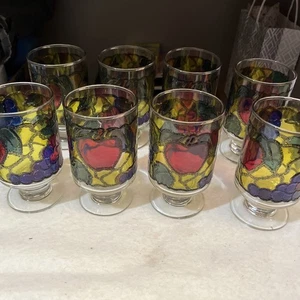 De colección. Juego de 8 copas de pedestal con patrón de frutas de vitral Libby/años 70’s - Imagen 1 de 7