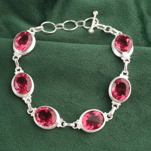 Daughters Day Deal 925 Silver Natural Pink Tourmaline Chain Anniversary Bracelet - Picture 1 of 8