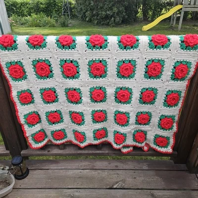 Vintage Crocheted Granny Afghan Throw Blanket 3D Puffy Red Roses Flowers 66X48” - Image 1 of 4