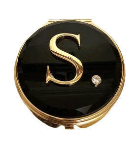 Compact Mirror Gold Letter Initial S on Black Top Hinged Double Mirror - Picture 1 of 5